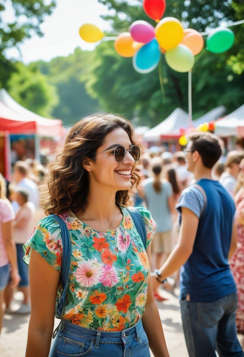 A lively outdoor scene showcasing a diverse group of people engaging in joyful conversations and activities, symbolizing connection and community. Include colorful decorations, a variety of clothing styles, and a playful atmosphere. Highlight elements of trust and openness, such as smiling faces and friendly gestures. The background should suggest a vibrant party setting, with hints of nature and artistic flair. vibrancy, lively colors, super-realistic, summer festival.