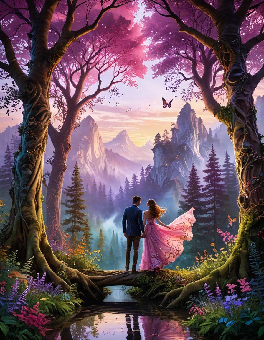 A whimsical and enchanting scene depicting diverse couples engaged in playful interactions in a vibrant fantasy world. Include dreamy landscapes, swirling colors, and elements of freedom like flowing ribbons and open skies. Showcase a sense of adventure, connection, and trust among individuals, with fantastical creatures peeking from behind trees. super-realistic. vibrant colors. magical atmosphere.