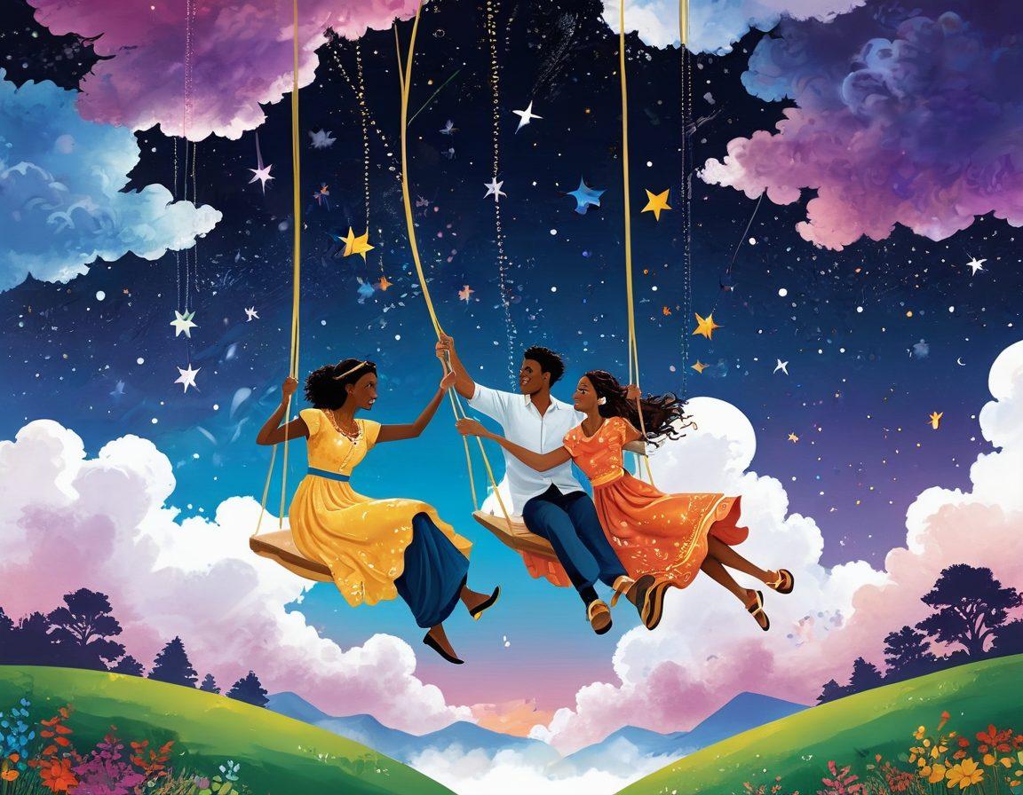 A whimsical and colorful illustration depicting a lively scene of diverse couples happily engaged in playful interactions, surrounded by vibrant symbols of fantasy and adventure. Incorporate fantasy elements like sparkling stars, dreamlike clouds, and playful swings in the background, creating an atmosphere of joy and excitement. Include various cultural attire to represent diversity among partners. playful, dynamic art style. vibrant colors. white background.